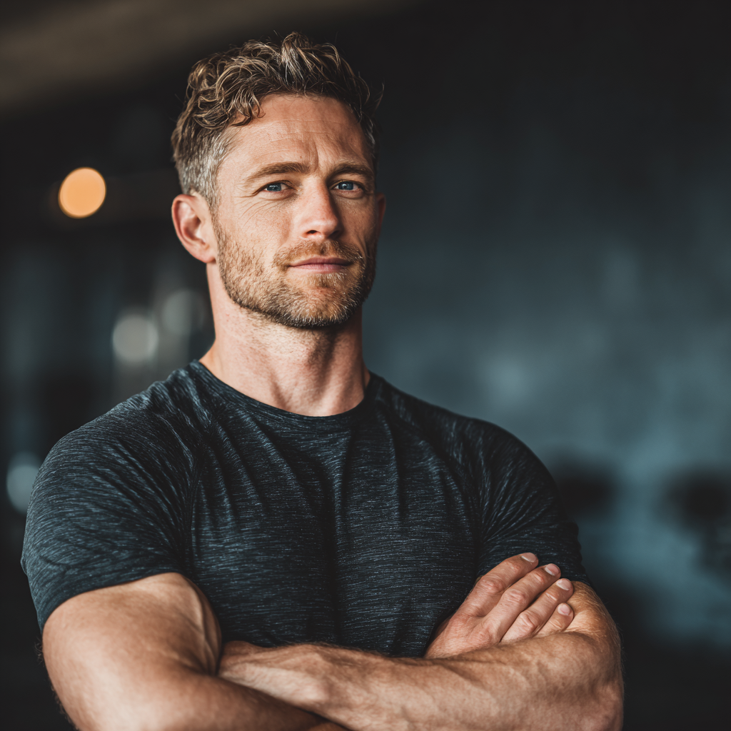 Confident muscular man in workout attire standing with arms crossed, displaying determination and strength in a modern gym setting