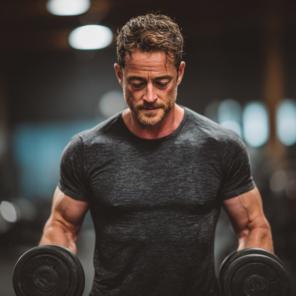 Focused man in athletic wear performing strength training with dumbbells in a professional gym environment, showcasing dedication and physical development